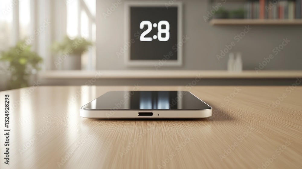 Poster smartphone on a wireless charging pad with a digital clock showing time in the background.