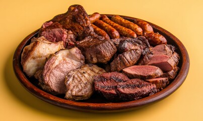 Traditional Uruguayan asado featuring slow-cooked beef, pork, and sausages over an open flame