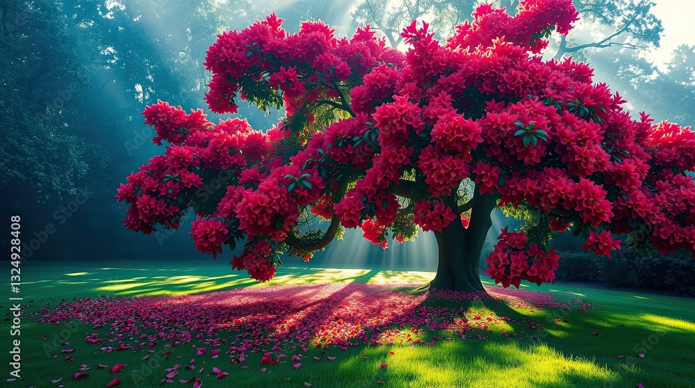 Poster a magnificent tree covered in bright red flowers stands in a tranquil garden illuminated by soft sun
