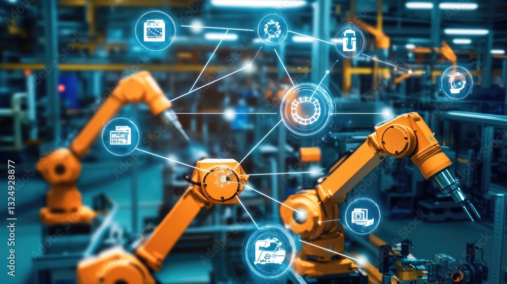 Poster smart manufacturing plant featuring interconnected iot-driven robotic systems in full operation.