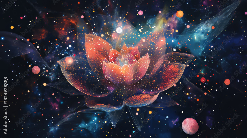 Poster abstract image of a tulip in the form of a starry sky or space, consisting of points, lines, and sha