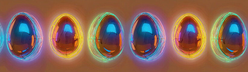 A pattern of Easter eggs in neon shades on a mocha mousse background, banner