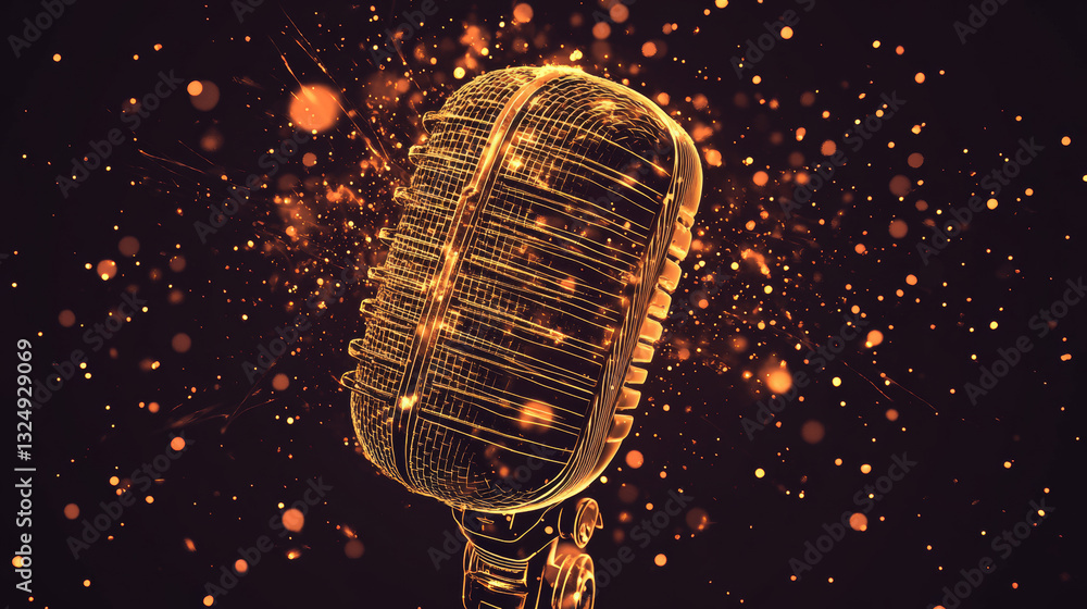 Poster abstract image of a microphone in the form of a starry sky or space, consisting of points, lines, an