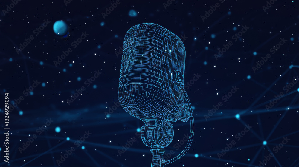 Poster abstract image of a microphone in the form of a starry sky or space, consisting of points, lines, an