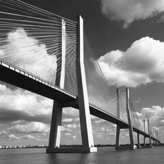 St. Petersburg Neva River cable bridge, black and white.