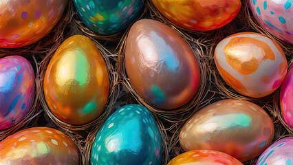 A repeating pattern of Easter eggs in bright colors with a glossy surface