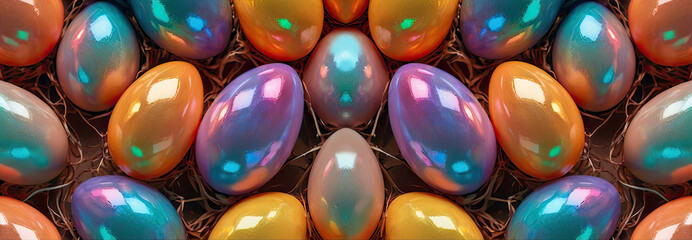 Composition of mother-of-pearl Easter eggs with highlights on the shell, banner