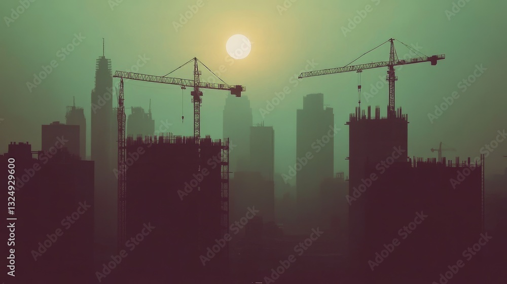 Poster steel framework of a skyscraper under construction with scaffolding and cranes in the background.