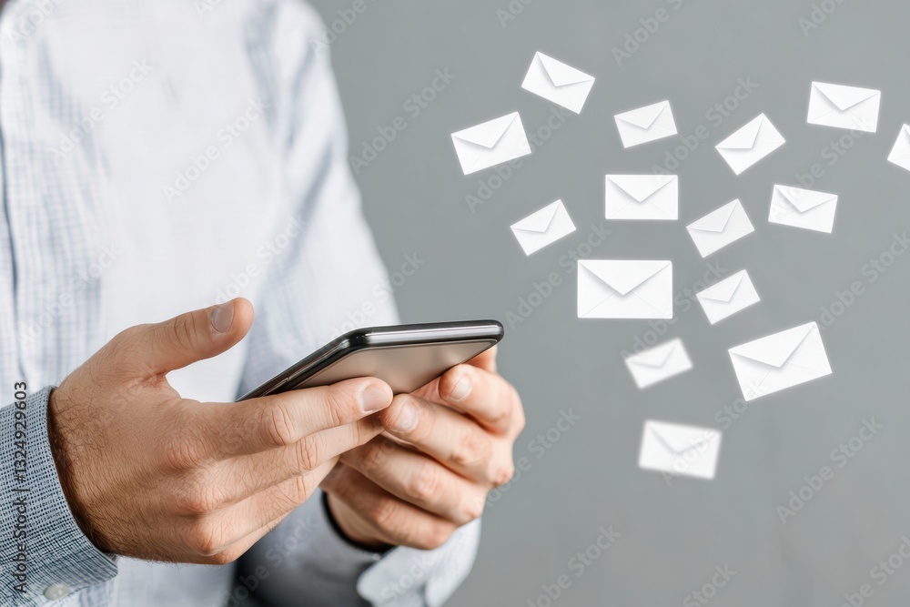Poster close up of businessperson using smartphone with incoming email notifications on gray background