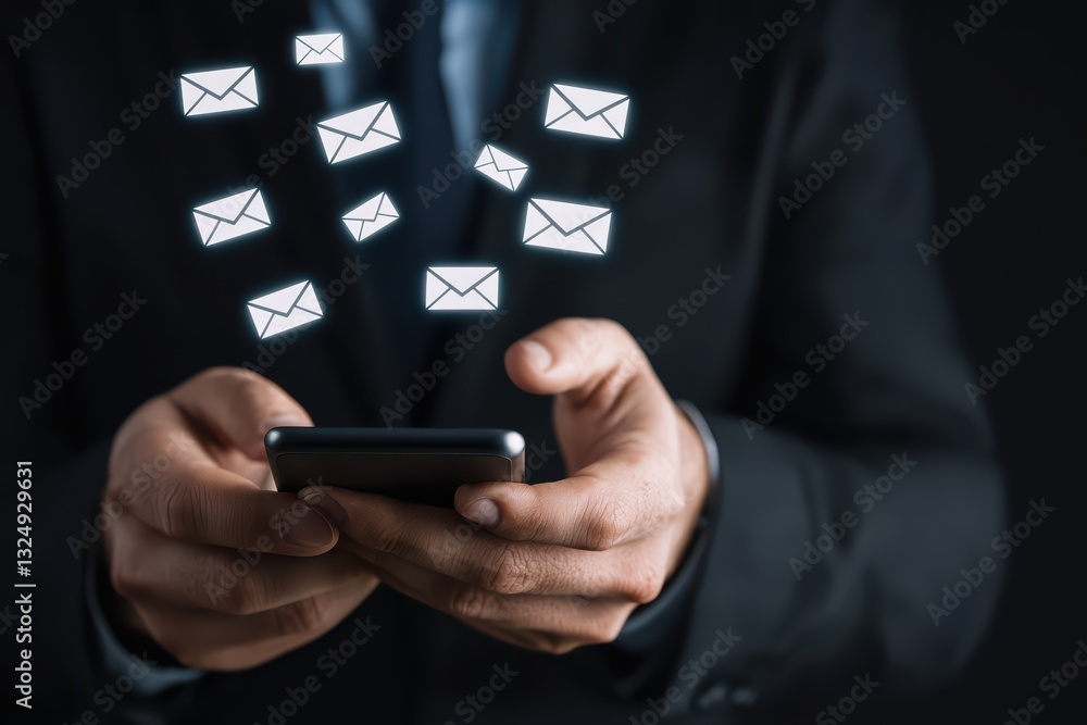 Poster Close-up View of Businessman Using Smartphone with Email Notifications for Enhanced Productivity