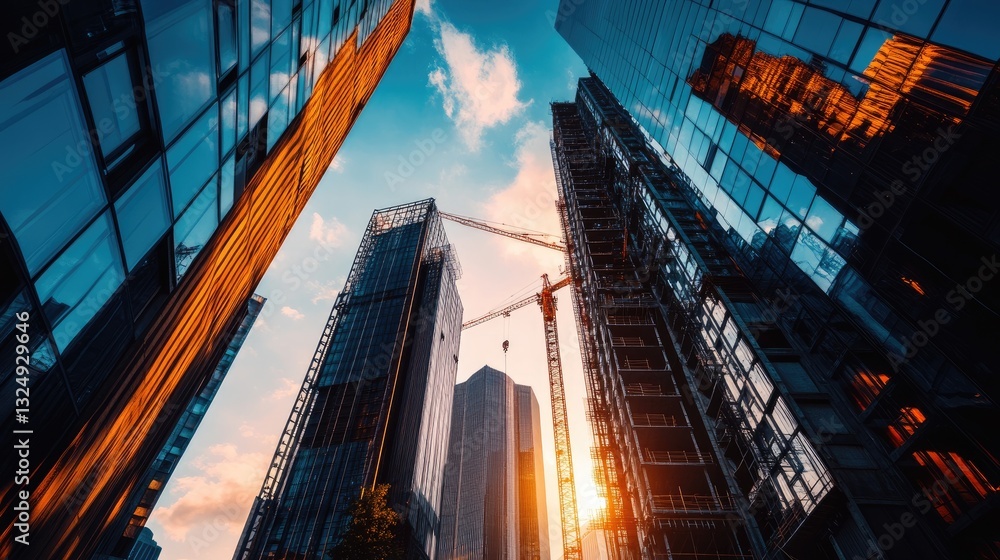 Aufkleber steel framework of a skyscraper under construction with scaffolding and cranes in the background.
