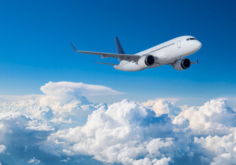 Obraz premium Aeroplane flying high through white fluffy clouds in a clear blue sky, travel concept