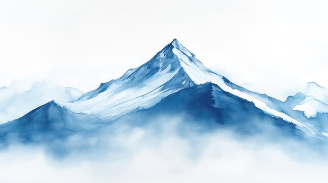 A watercolor depiction of a tall mountain range with clouds and snow