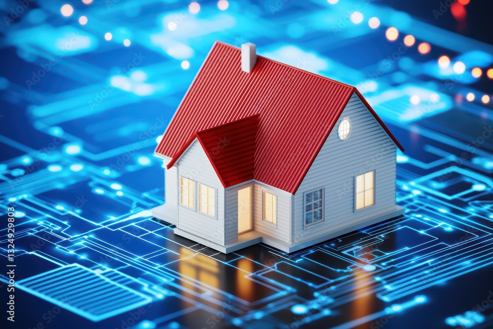 Aufkleber digital property value assessment concept with miniature house and circuit patterns