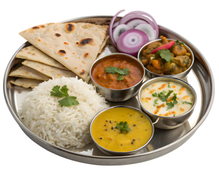 Indian Thali Platter with Rice, Roti, Dal, Vegetables and Pickle on White Background