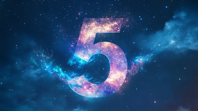 Abstract mash line and point number five on white background with an inscription. Starry sky or space, consisting of stars and the universe. Vector digit 5 illustration