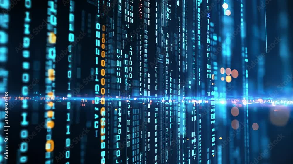 Poster dynamic digital code flow in futuristic matrix style with glowing blue and orange lights