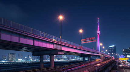 Cityscape at Night with Elevated Highway and Illuminated Tower in the Distance Purple and White Lighting in the Urban Landscape