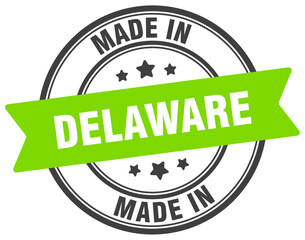 Made in Delaware round sign. Made in Delaware stamp.