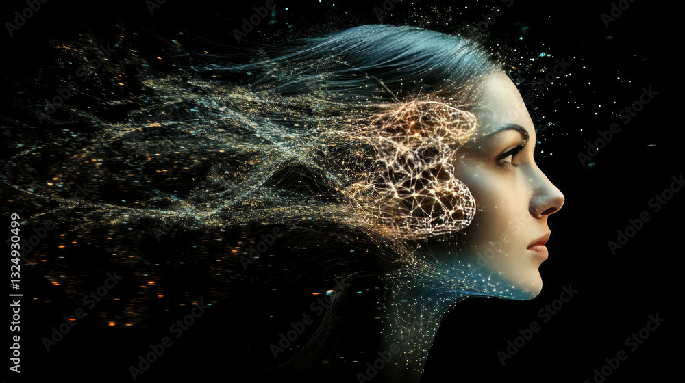 Poster artificial intelligence. ai head with neural network brain hanging over virtual digital podium. wise