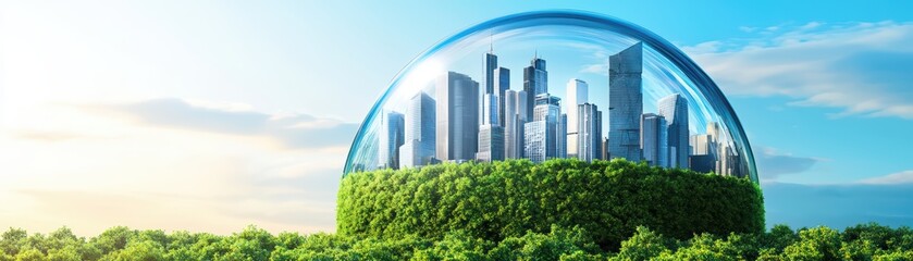 Obraz premium Futuristic Urban Renewal Concept Featuring Dome Structure Over City Landscape