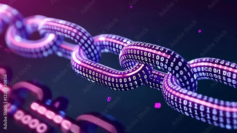Poster digital chain composed of binary code links symbolizes blockchain technology and data security with 