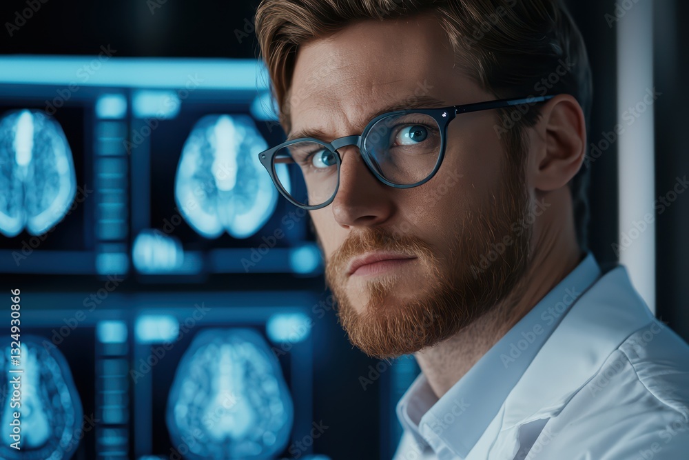 Poster doctor using technology in healthcare concept with brain scans displayed in background