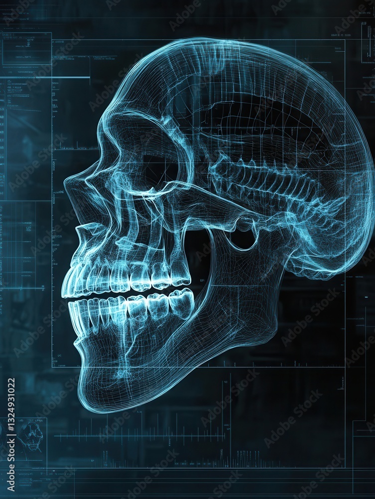 Poster detailed blueprint of a jawbone with implants showcasing glowing skeletal outlines and dental precis