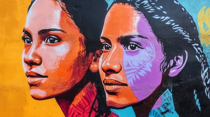 Obraz premium Vibrant Mural of Two Women with Colorful Artistic Expression