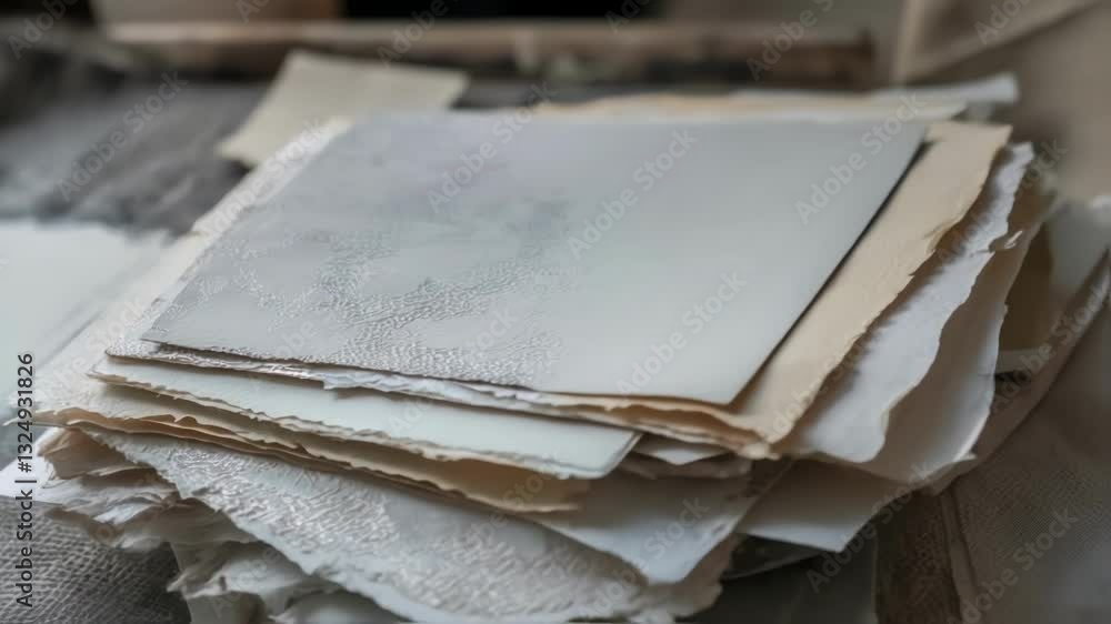 Poster stack of handmade paper sheets with textured surfaces, highlighting innovative production techniques