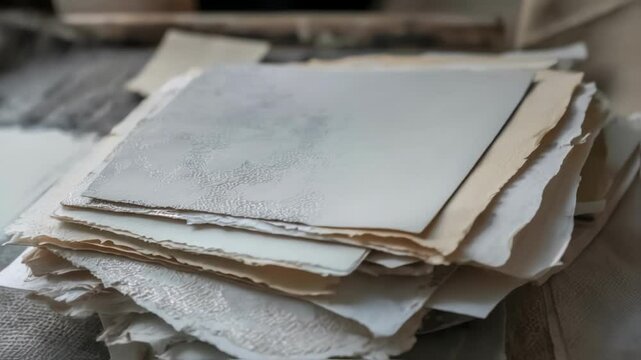 Stack of handmade paper sheets with textured surfaces, highlighting innovative production techniques and showcasing artistic potential in a crafting workshop setting
