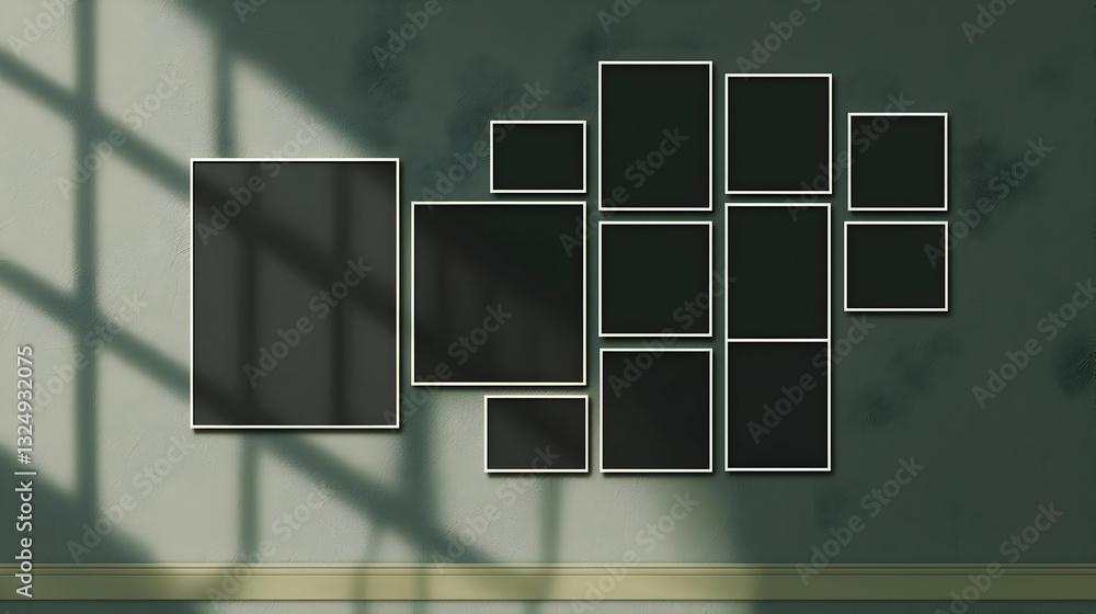 Poster gallery wall with empty black frames in various sizes against a textured green wall with window shad