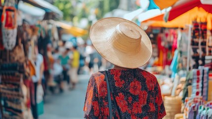 Obraz premium Woman in Floral Dress Strolling Through Vibrant Market Street Scene