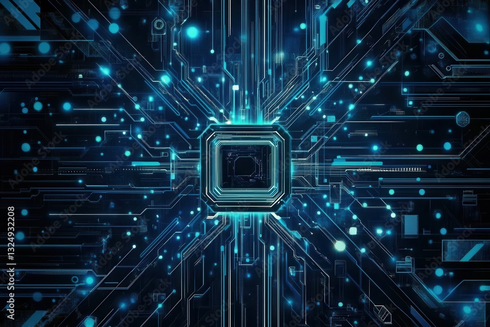 Poster Futuristic neural network patterns in deep blue and cyan showcasing advanced technology in a cutting-edge design with a dark backdrop for text