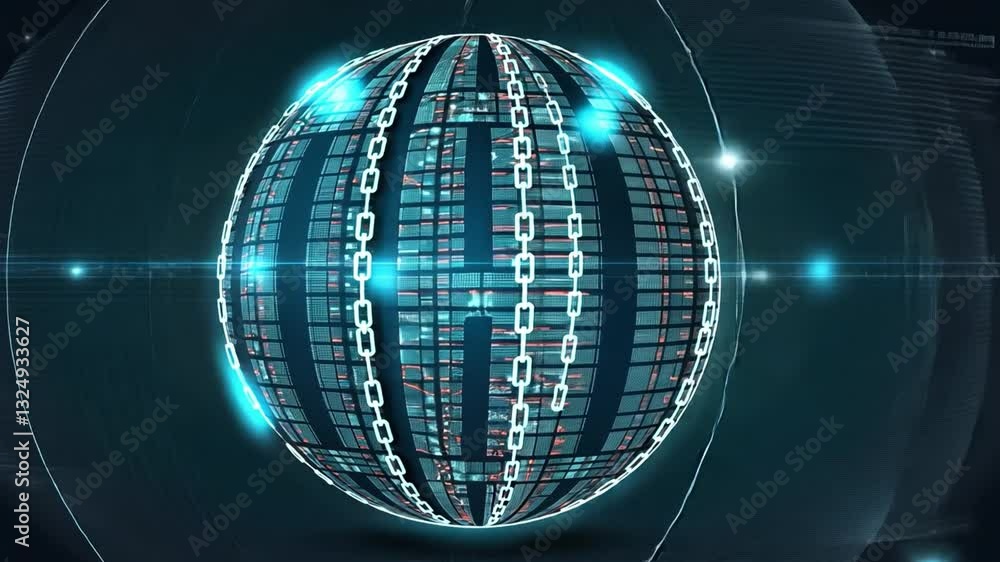 Poster futuristic digital sphere glowing chains and data patterns in blockchain technology and cybersecurit