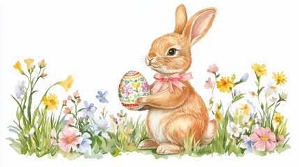 Hand-painted watercolor bunny holding a decorated Easter egg, surrounded by spring flowers and a coquette ribbon, soft pastel colors, white background