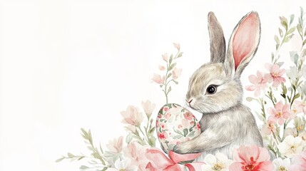 Hand-painted watercolor bunny holding a decorated Easter egg, surrounded by spring flowers and a coquette ribbon, soft pastel colors, white background