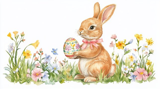 Hand-painted watercolor bunny holding a decorated Easter egg, surrounded by spring flowers and a coquette ribbon, soft pastel colors, white background