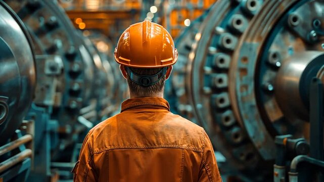 Arbeiter in oranger Schutzkleidung vor Industriemaschinen