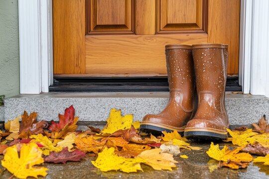 A pair of brown rain boots sitting on a doorstep surrounded by colorful autumn leaves.