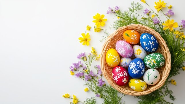 Photo of hand painted colorful easter eggs in a basket with first spring flowers on white background, top view
