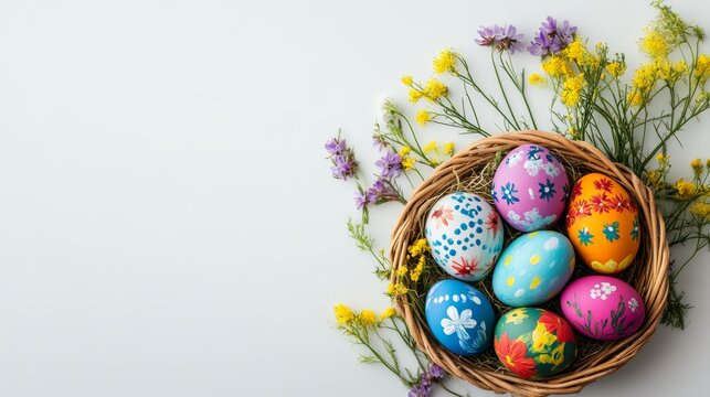 Photo of hand painted colorful easter eggs in a basket with first spring flowers on white background, top view