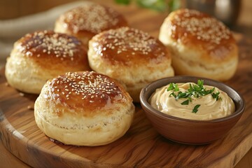 Fototapeta premium A plate of golden sesame buns served with creamy dip and garnished with herbs.