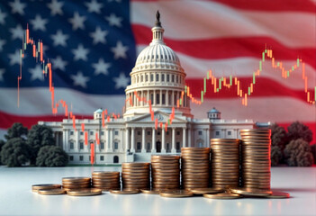 The U.S. Capitol with an American flag, stack of money (golden coins) and rising stock market graph symbolizes USA economic policy, government decisions, geopolitics, financial trends in United States