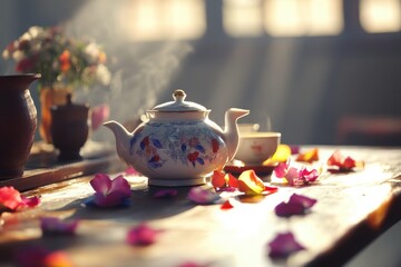 Warm afternoon tea ritual with elegant teapot and tea cups surrounded by colorful flower petals in a tranquil setting