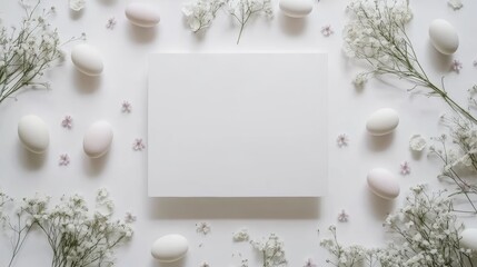 Easter-themed blank white card mockup surrounded by small Easter eggs and delicate flowers on the edges, white background, top view
