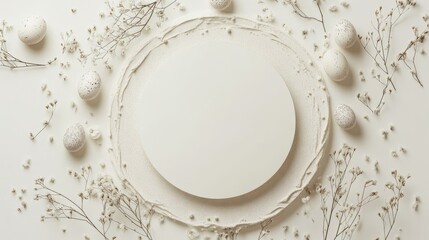 Easter-themed blank white card mockup surrounded by small Easter eggs and delicate flowers on the edges, white background, top view