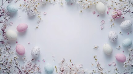 Easter-themed blank white card mockup surrounded by small Easter eggs and delicate flowers on the edges, white background, top view