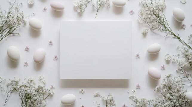 Easter-themed blank white card mockup surrounded by small Easter eggs and delicate flowers on the edges, white background, top view