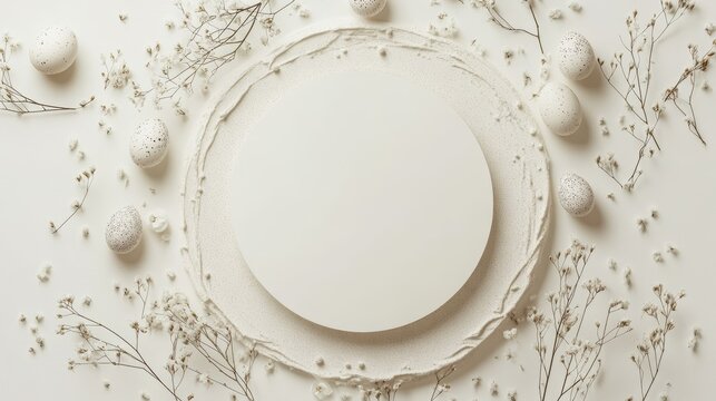 Easter-themed blank white card mockup surrounded by small Easter eggs and delicate flowers on the edges, white background, top view